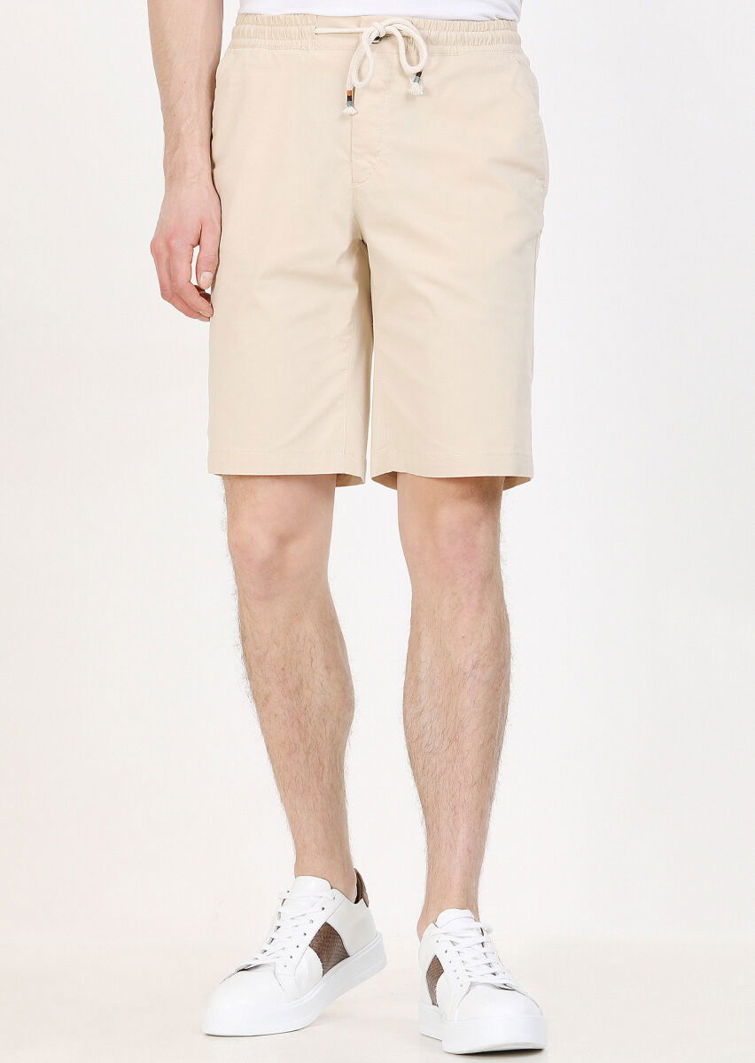 Ekru Düz Dokuma Regular Fit Casual Pamuk Karışımlı Bermuda - 2