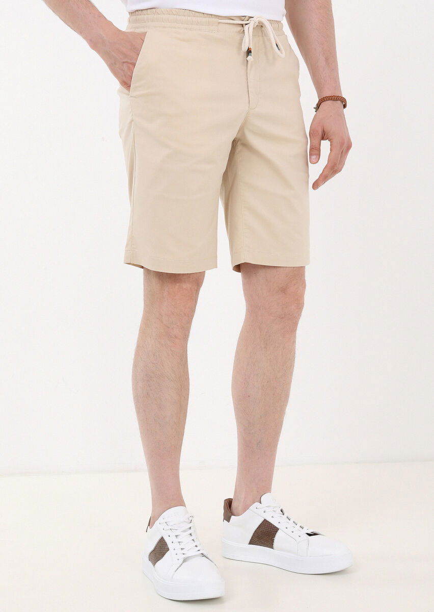 Ekru Düz Dokuma Regular Fit Casual Pamuk Karışımlı Bermuda - 3