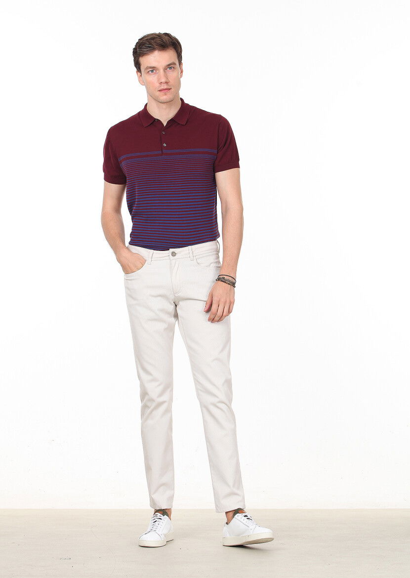 Ekru Düz Dokuma Slim Fit Casual %100 Pamuk Pantolon 