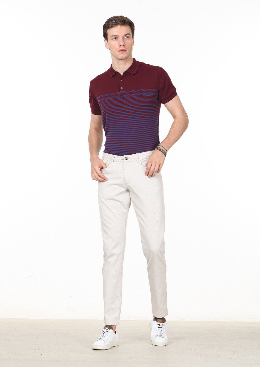 Ekru Düz Dokuma Slim Fit Casual %100 Pamuk Pantolon 