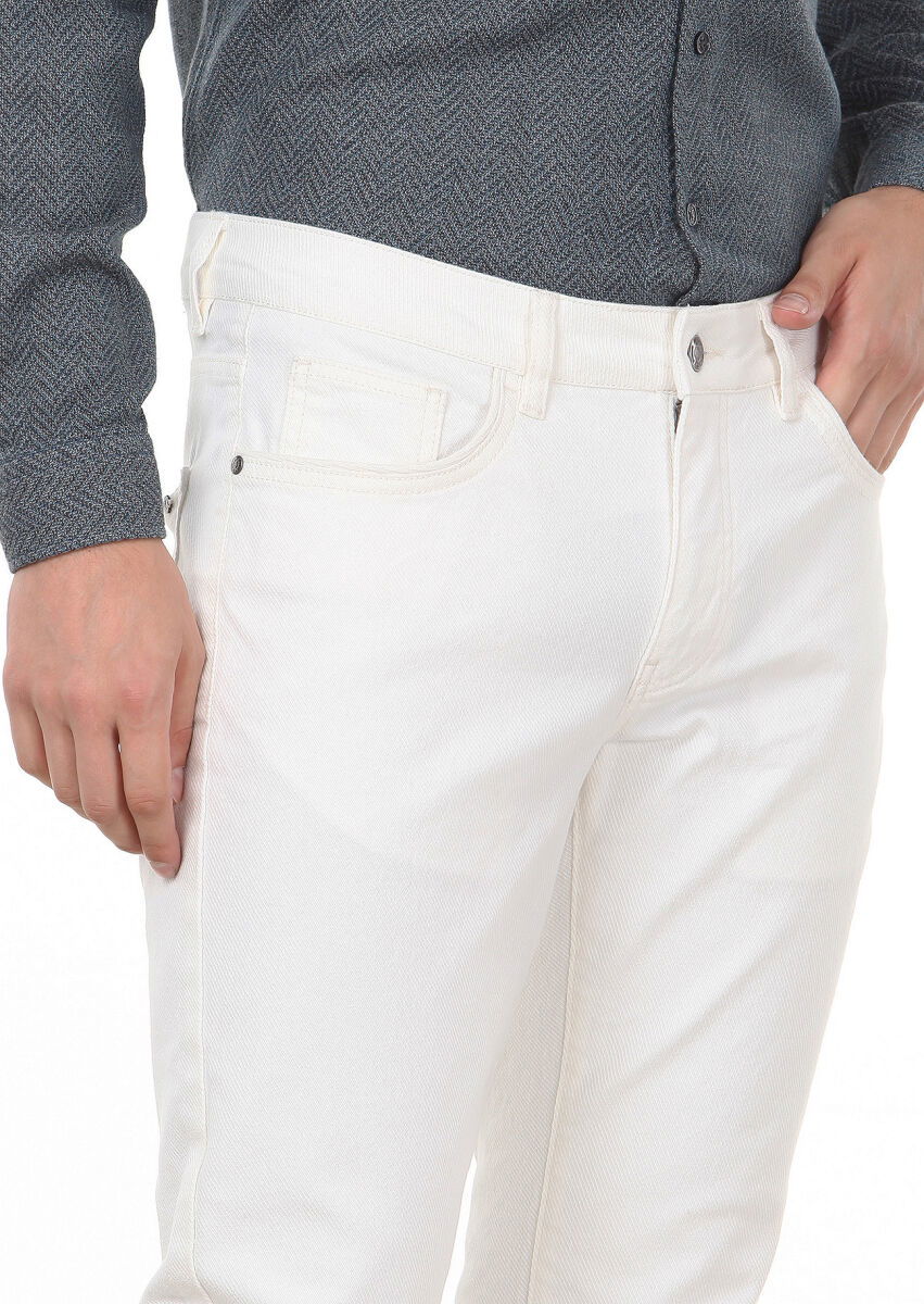 Ekru Düz Dokuma Slim Fit Casual Pamuk Karışımlı Pantolon - 2