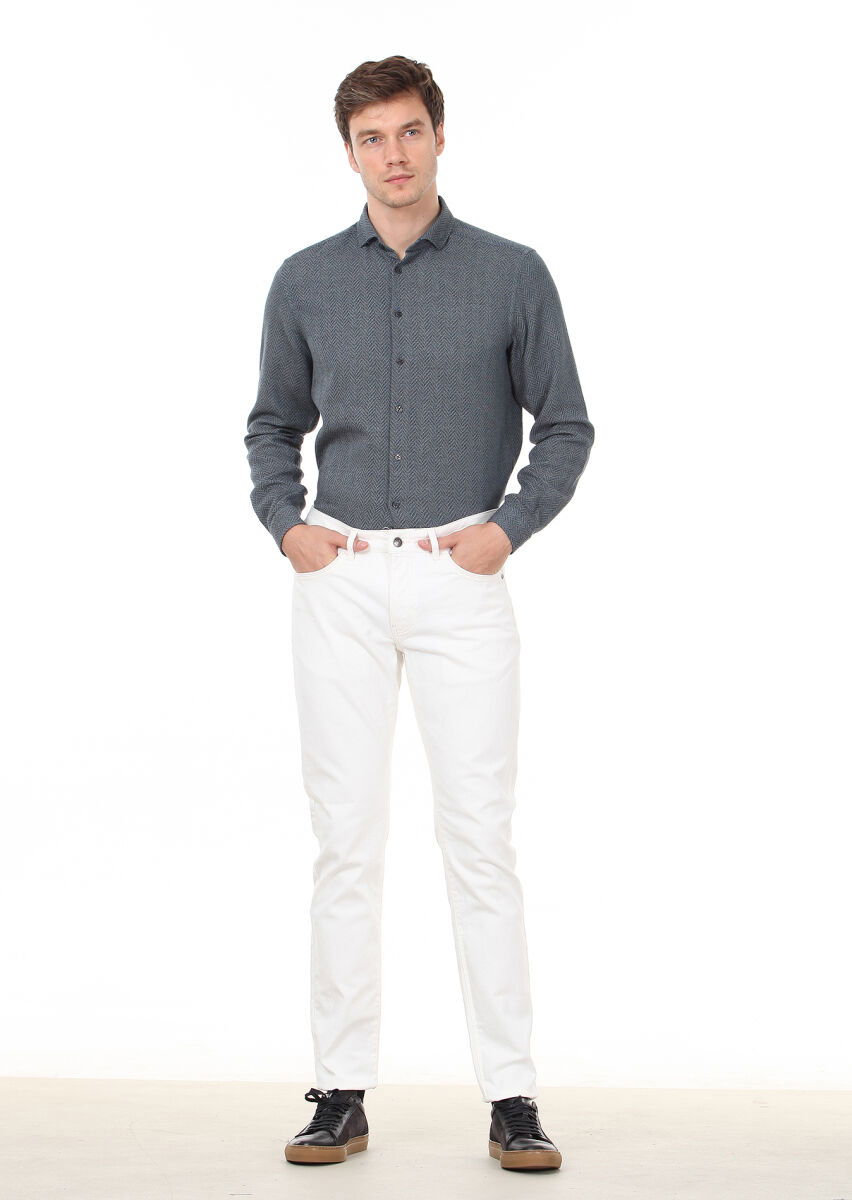 Ekru Düz Dokuma Slim Fit Casual Pamuk Karışımlı Pantolon - 3