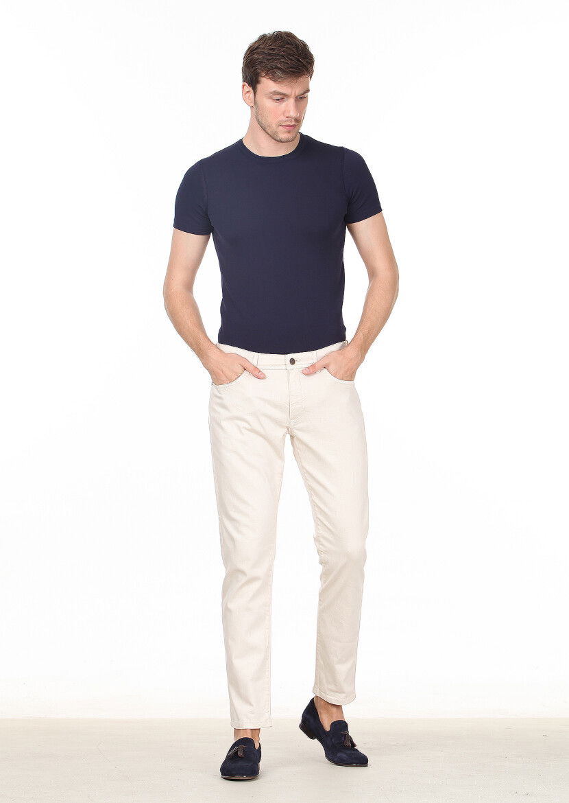 Ekru Düz Dokuma Slim Fit Casual Pamuk Karışımlı Pantolon 