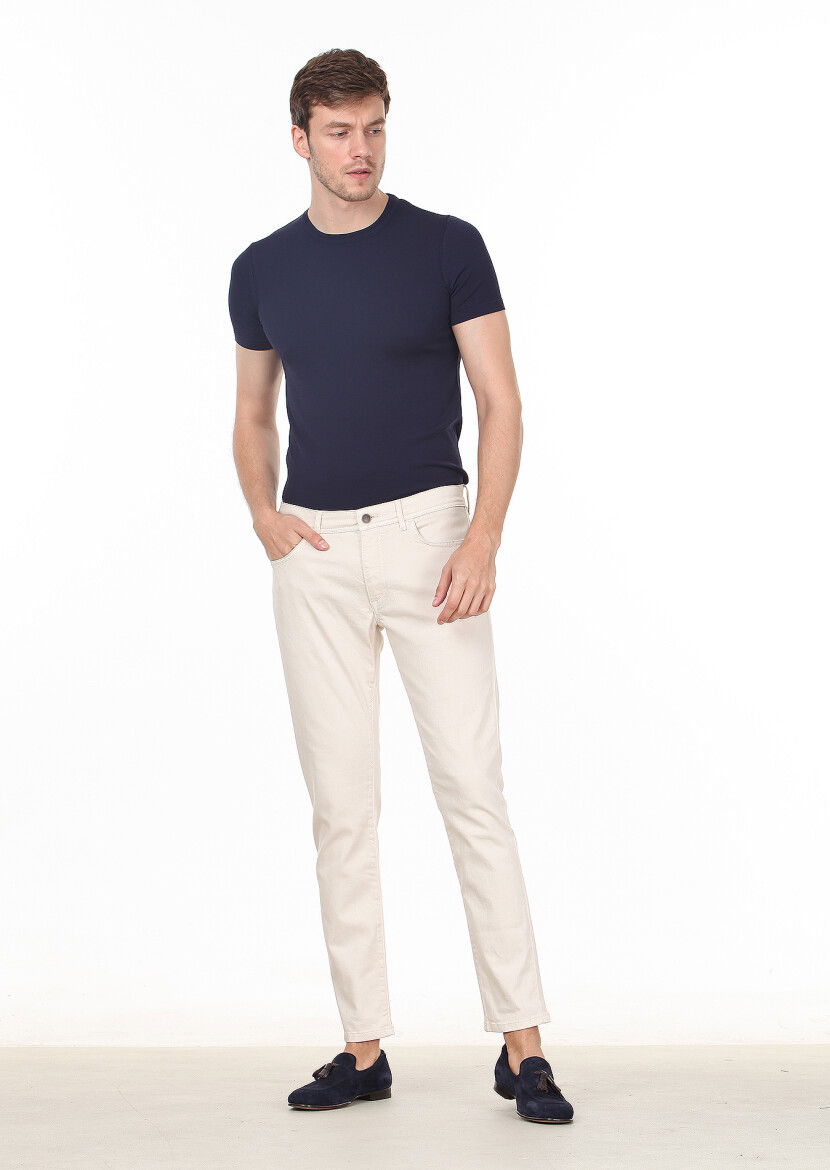 Ekru Düz Dokuma Slim Fit Casual Pamuk Karışımlı Pantolon 