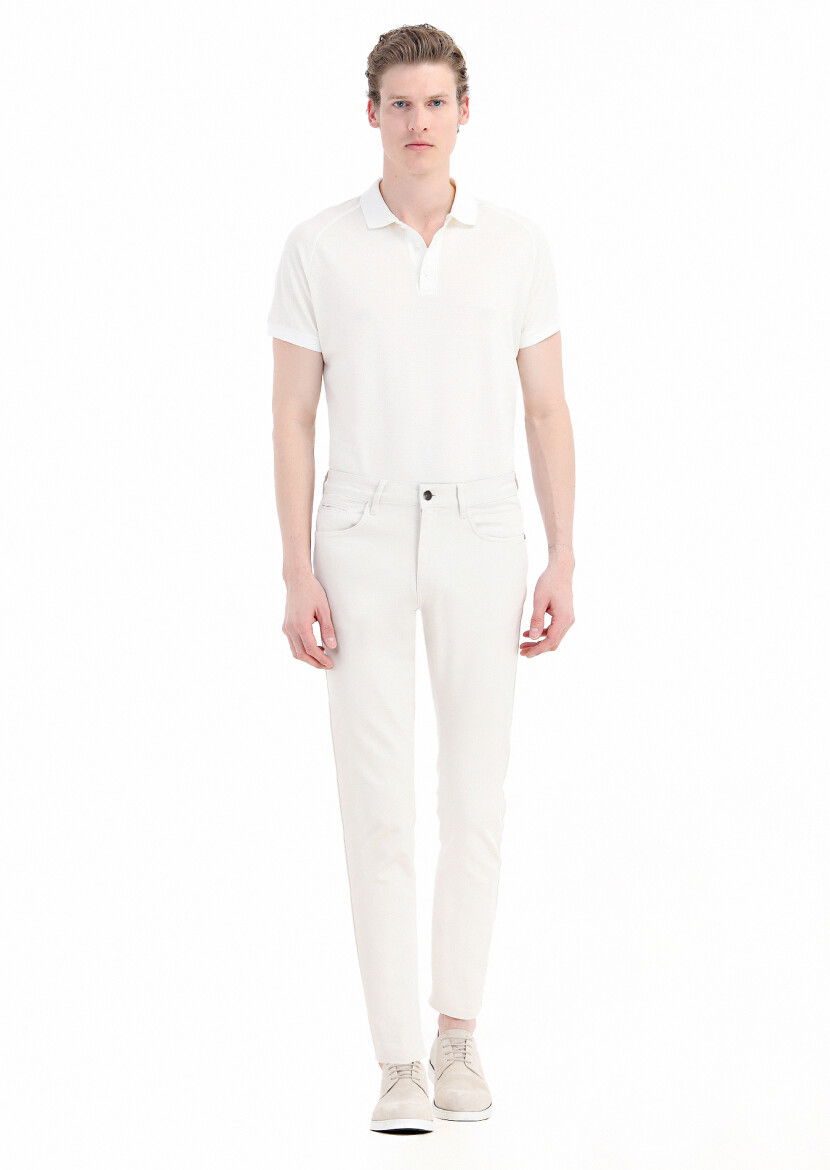 Ekru Düz Dokuma Slim Fit Casual Pamuk Karışımlı Pantolon - 1