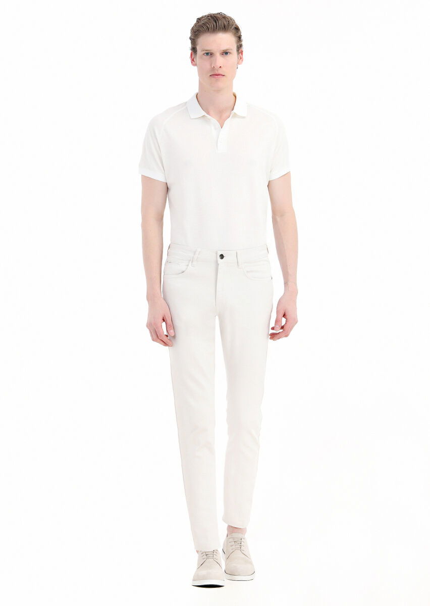 Ekru Düz Dokuma Slim Fit Casual Pamuk Karışımlı Pantolon - 1