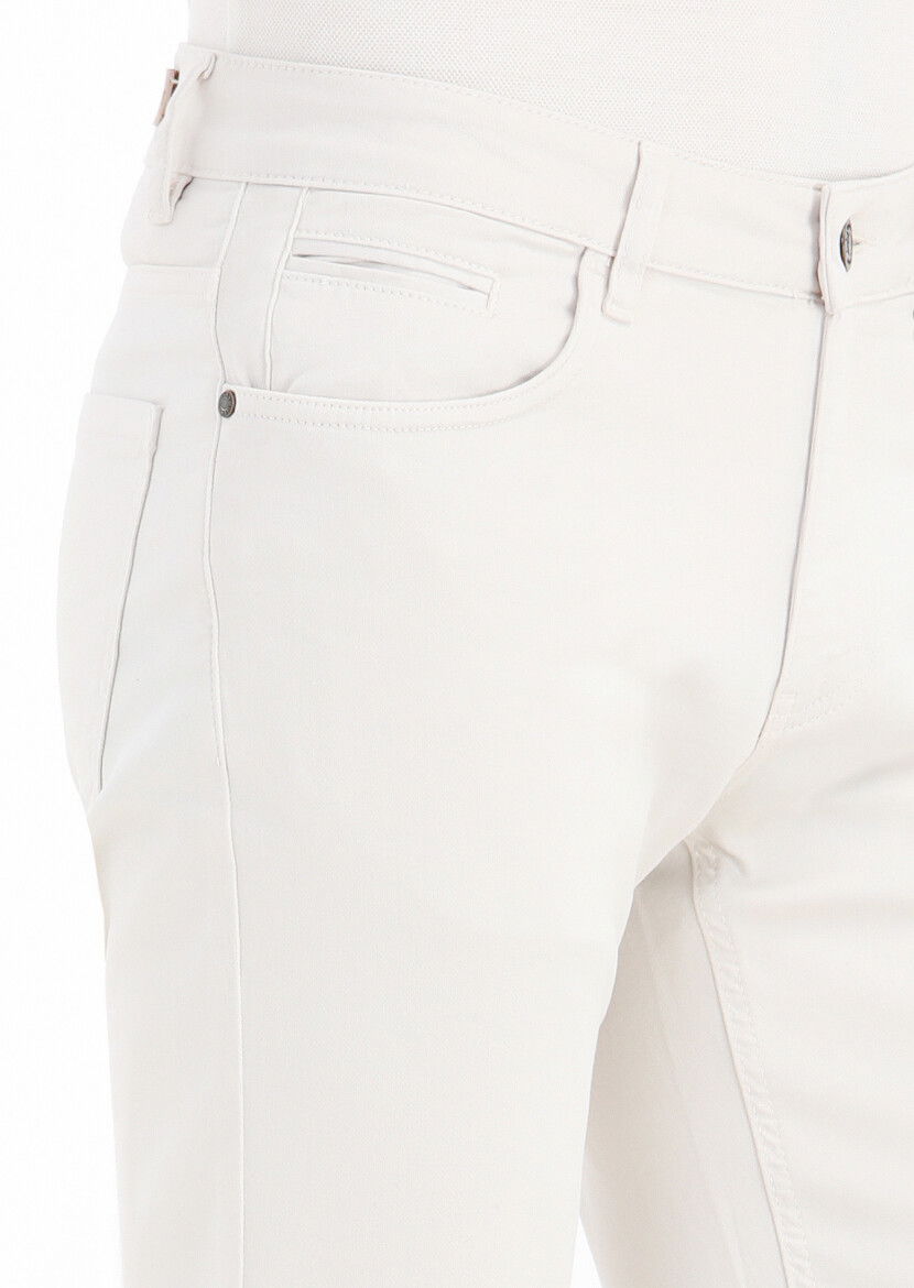Ekru Düz Dokuma Slim Fit Casual Pamuk Karışımlı Pantolon - 3