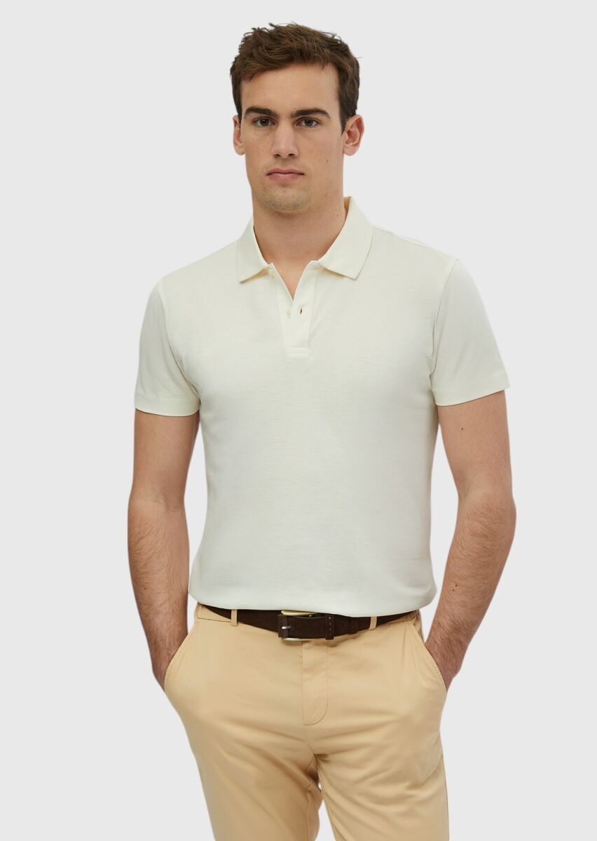 Ekru Düz Polo Yaka %100 Pamuk T-Shirt - 1