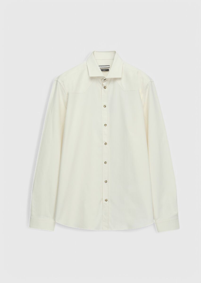 Ekru Düz Regular Fit Dokuma Casual %100 Pamuk Gömlek - 1