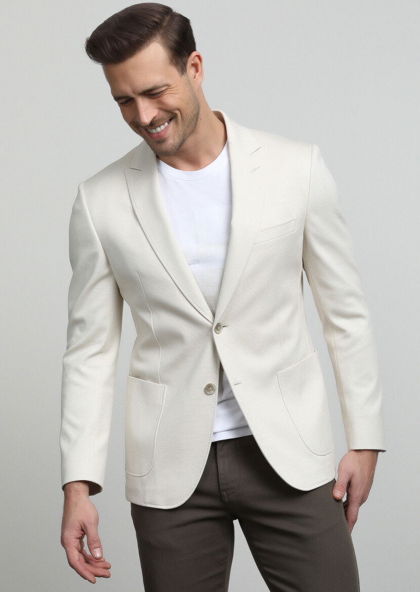 Ekru Düz Zeroweight Slim Fit %100 Pamuk Örme Ceket - 1