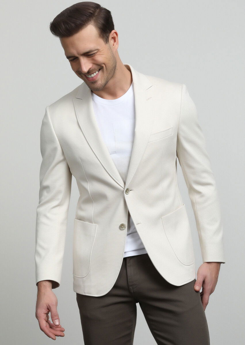 Ekru Düz Zeroweight Slim Fit %100 Pamuk Örme Ceket - 1