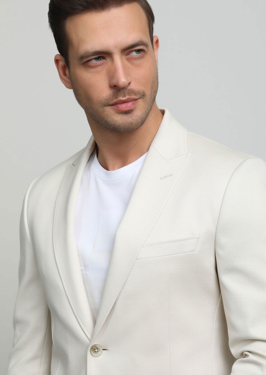 Ekru Düz Zeroweight Slim Fit %100 Pamuk Örme Ceket - 2
