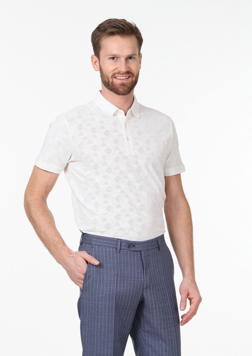 Ekru Jakarlı Polo Yaka %100 Pamuk T-Shirt - 1