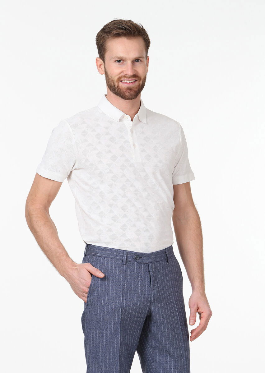 Ekru Jakarlı Polo Yaka %100 Pamuk T-Shirt - 1