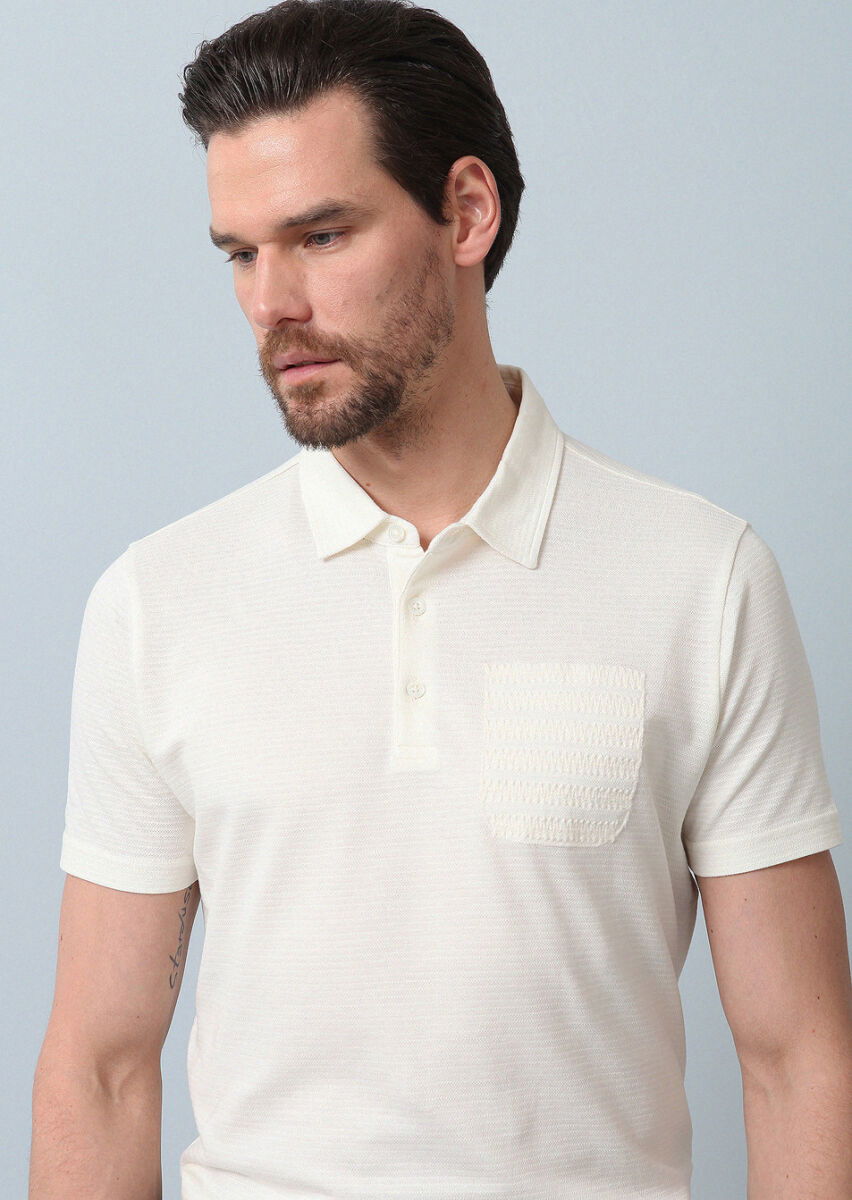 Ekru Jakarlı Polo Yaka %100 Pamuk T-Shirt - 1