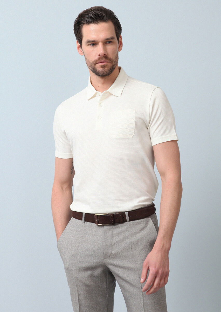 Ekru Jakarlı Polo Yaka %100 Pamuk T-Shirt - 2