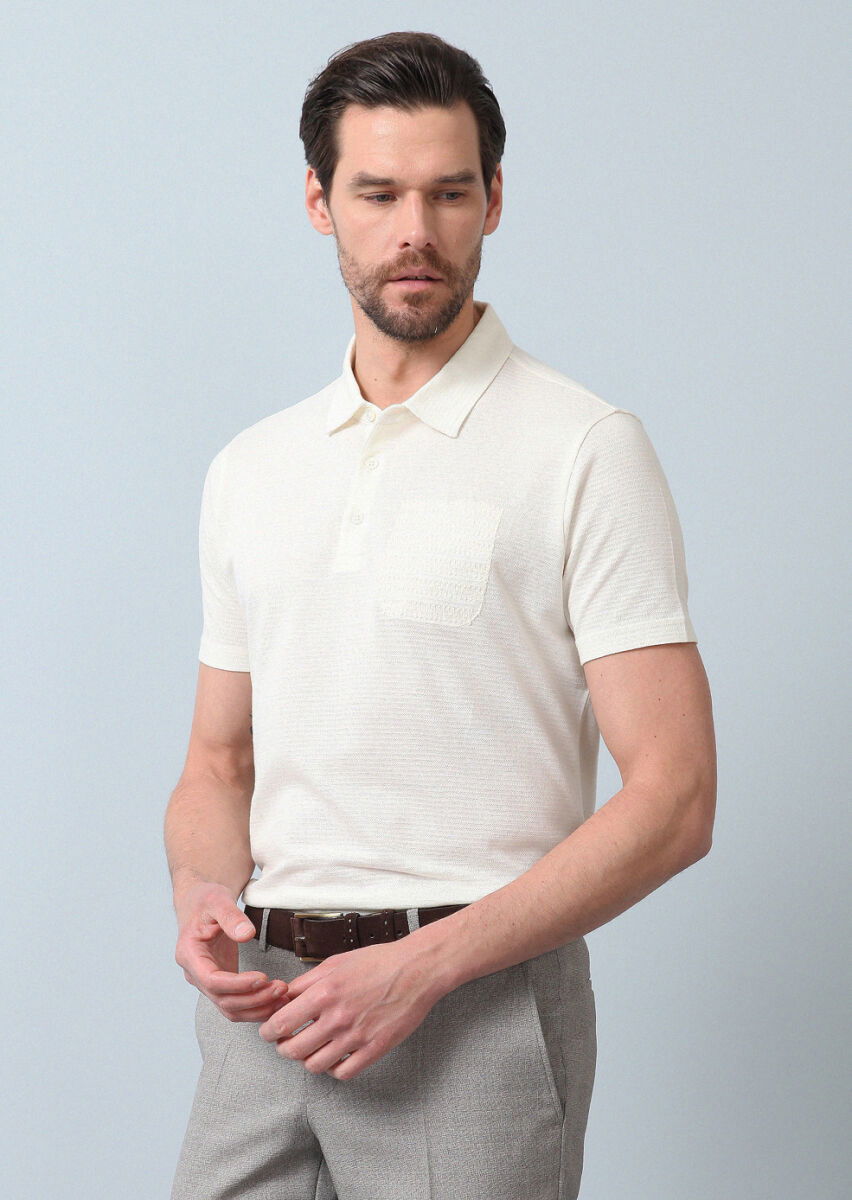 Ekru Jakarlı Polo Yaka %100 Pamuk T-Shirt - 4