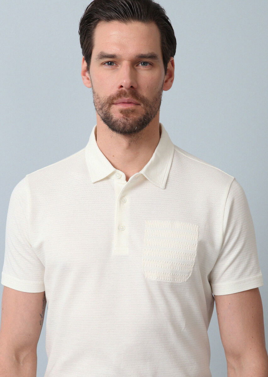 Ekru Jakarlı Polo Yaka %100 Pamuk T-Shirt - 5