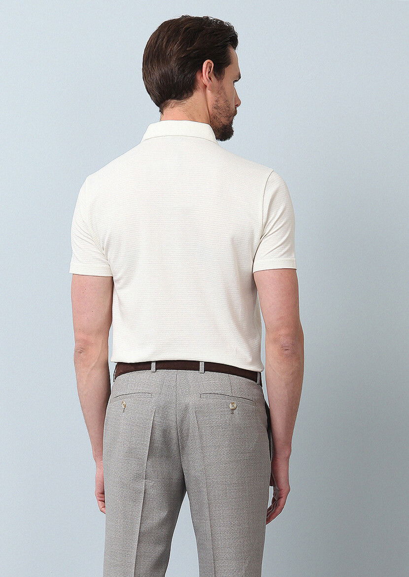 Ekru Jakarlı Polo Yaka %100 Pamuk T-Shirt - 6