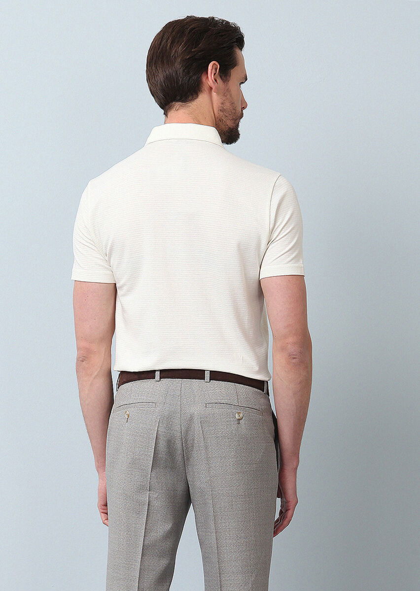 Ekru Jakarlı Polo Yaka %100 Pamuk T-Shirt - 6