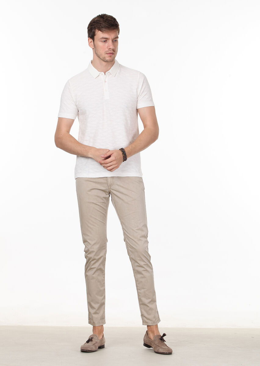 Ekru Jakarlı Polo Yaka %100 Pamuk T-Shirt - 3