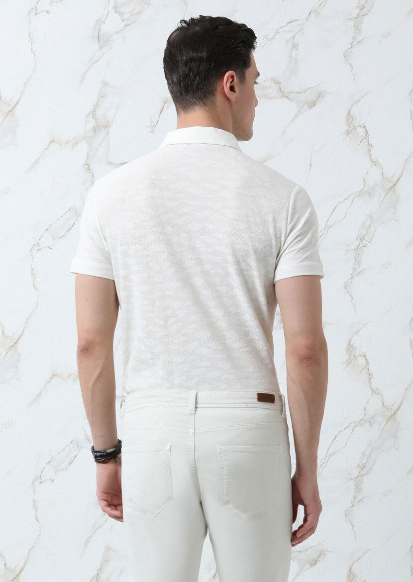 Ekru Jakarlı Polo Yaka %100 Pamuk T-Shirt - 6