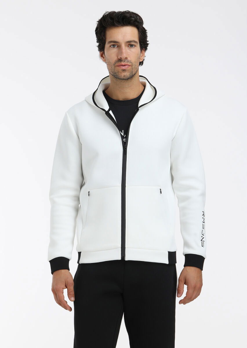 Ekru Kapüşonlu Düz Sweatshırt - 4