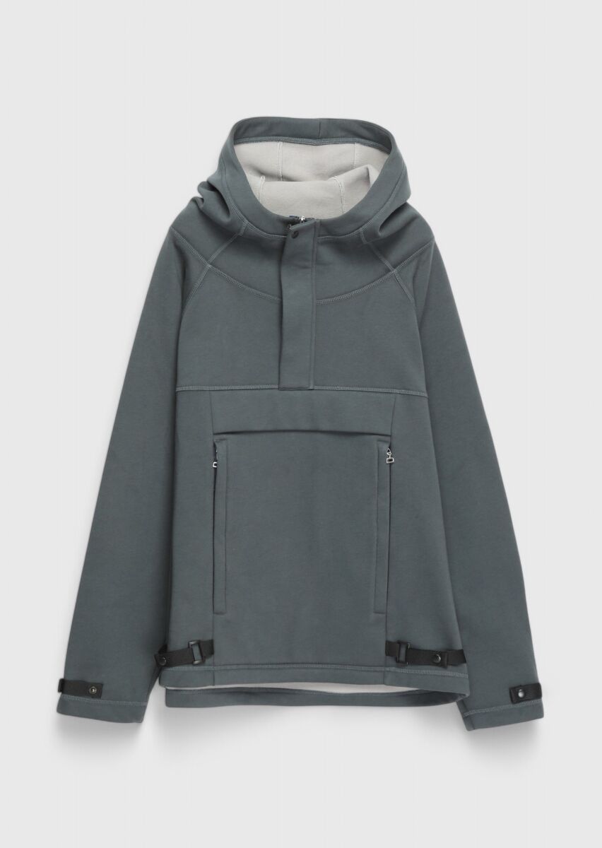 Füme Kapüşonlu Düz Sweatshırt - 1