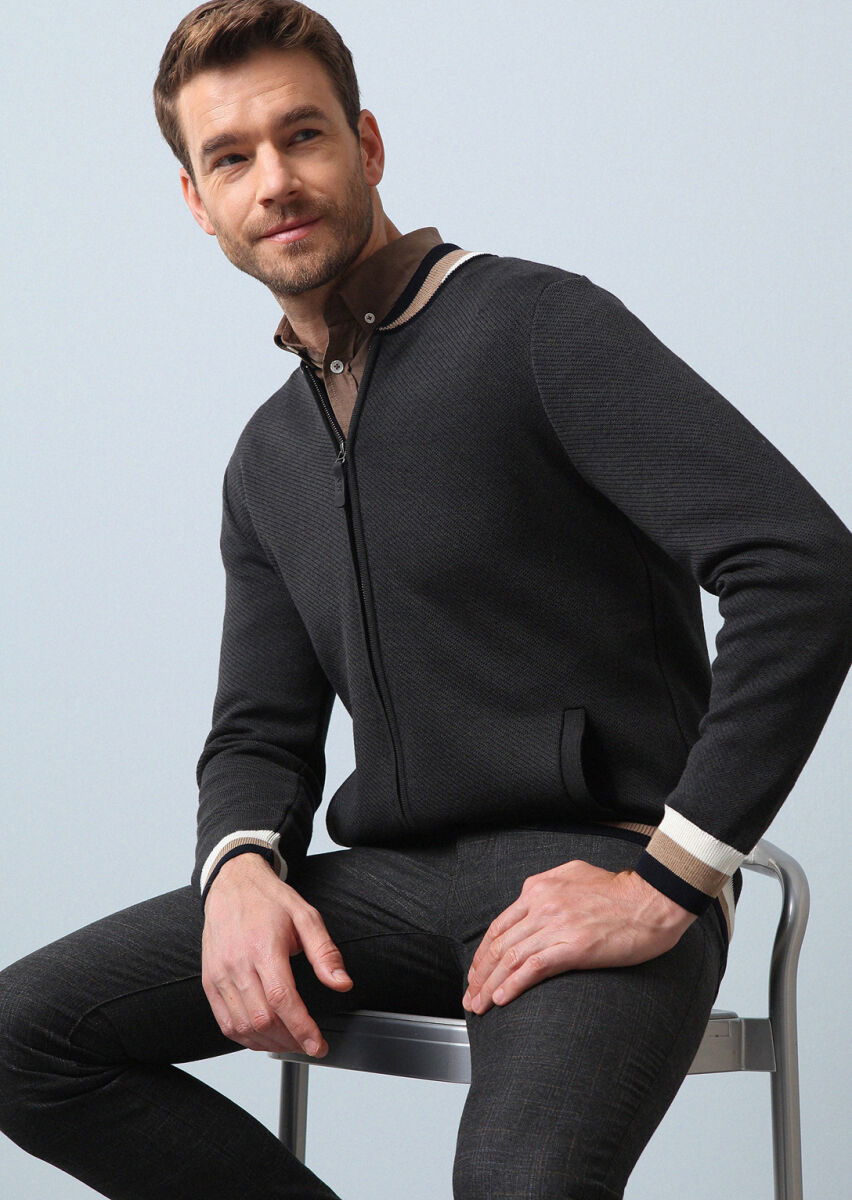 Grey Jacquard Wool Blended Cardigan - 1