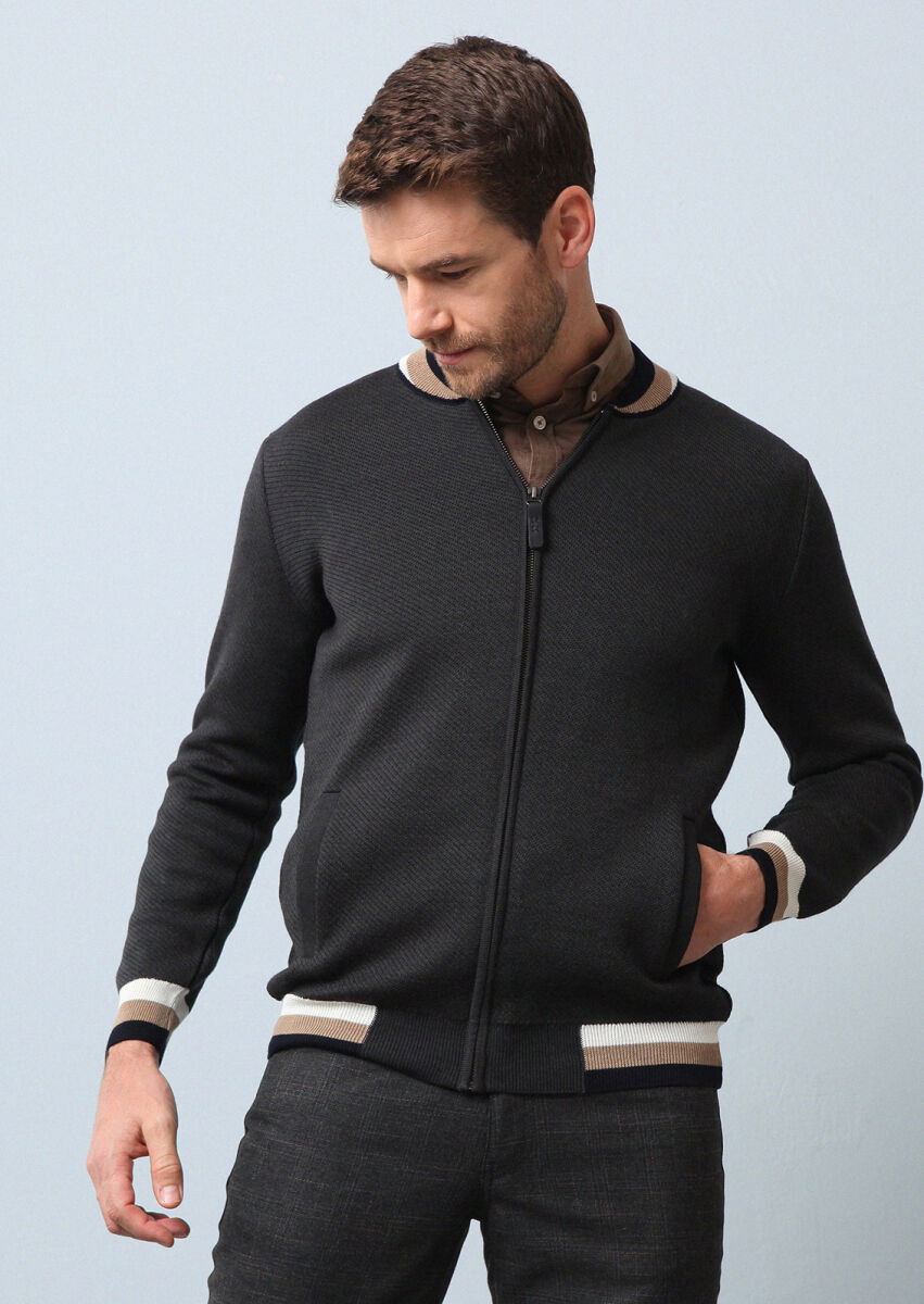 Grey Jacquard Wool Blended Cardigan - 2
