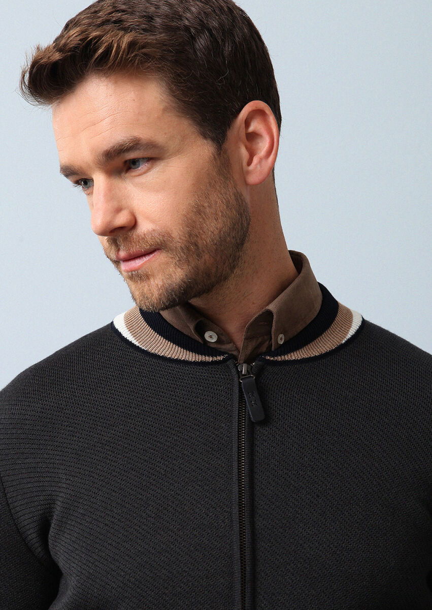 Grey Jacquard Wool Blended Cardigan - 3