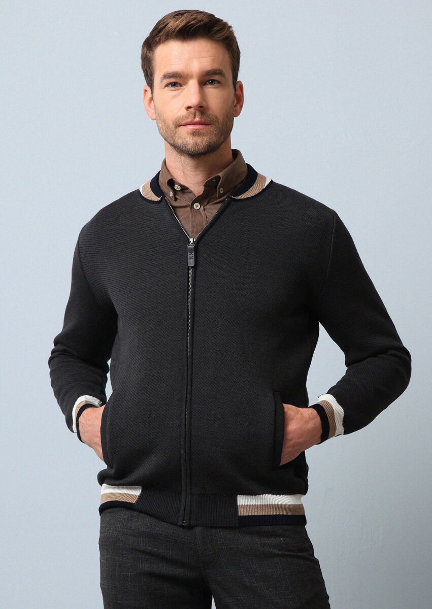 Grey Jacquard Wool Blended Cardigan - 4