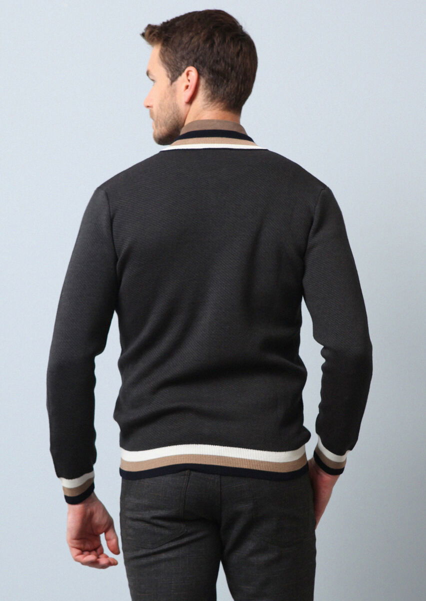Grey Jacquard Wool Blended Cardigan - 5