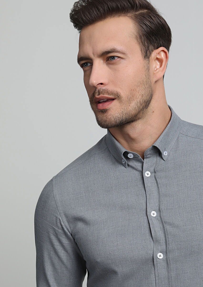 Grey Plain Slim Fit Weaving Casual 100% Cotton Shirt - 2