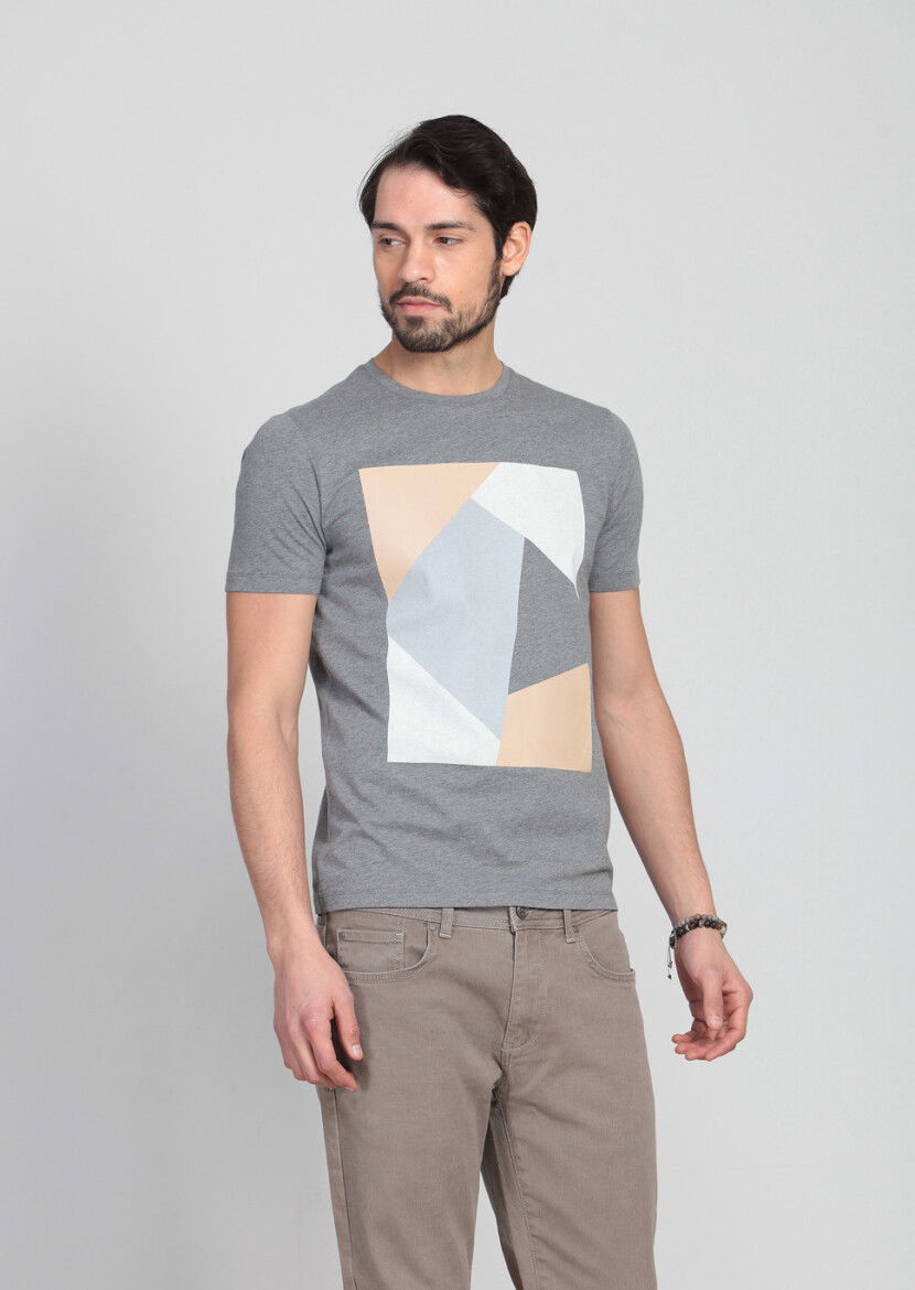 Gri Baskılı %100 Pamuk T-Shirt - 1