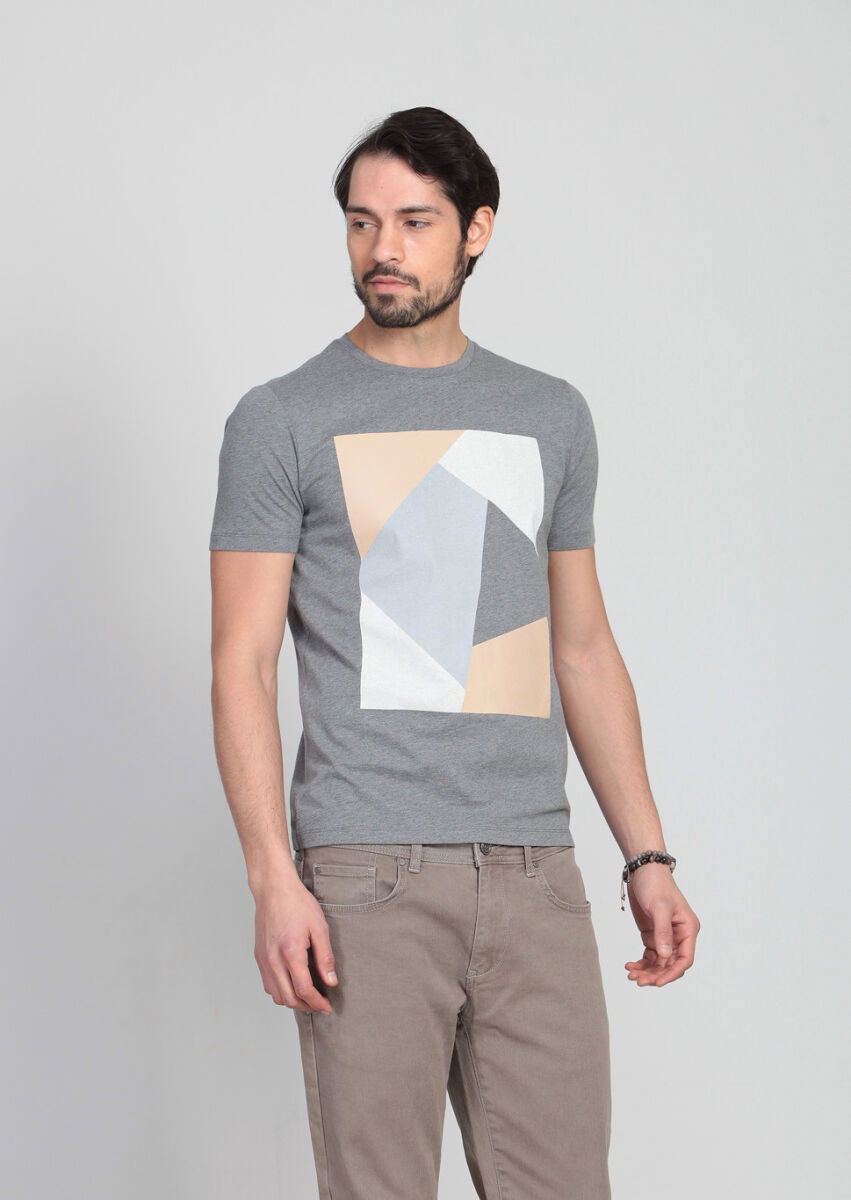 Gri Baskılı %100 Pamuk T-Shirt - 1