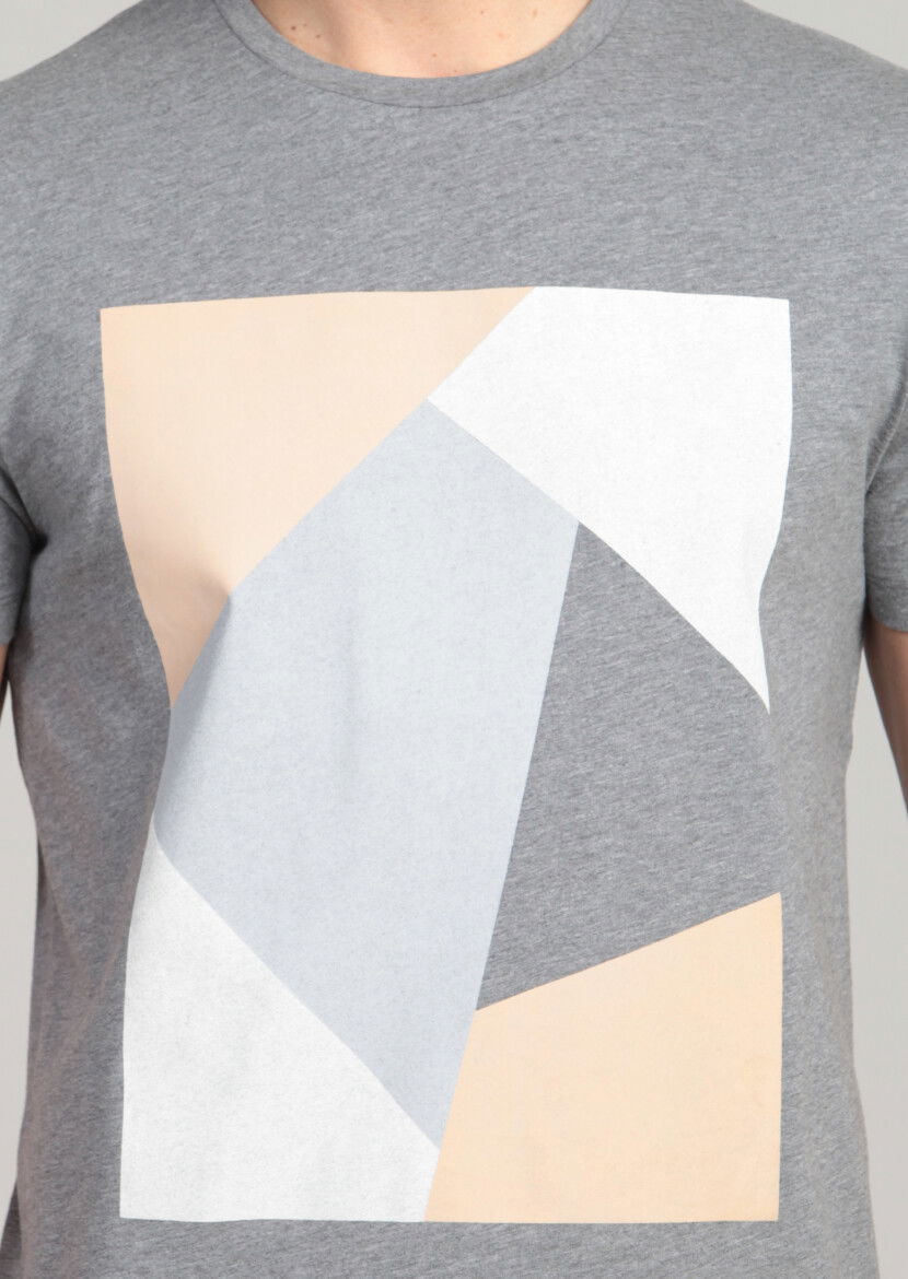 Gri Baskılı %100 Pamuk T-Shirt - 4