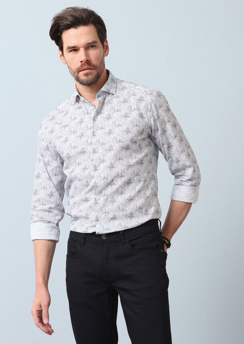 Gri Baskılı Regular Fit Dokuma Casual %100 Pamuk Gömlek - 3