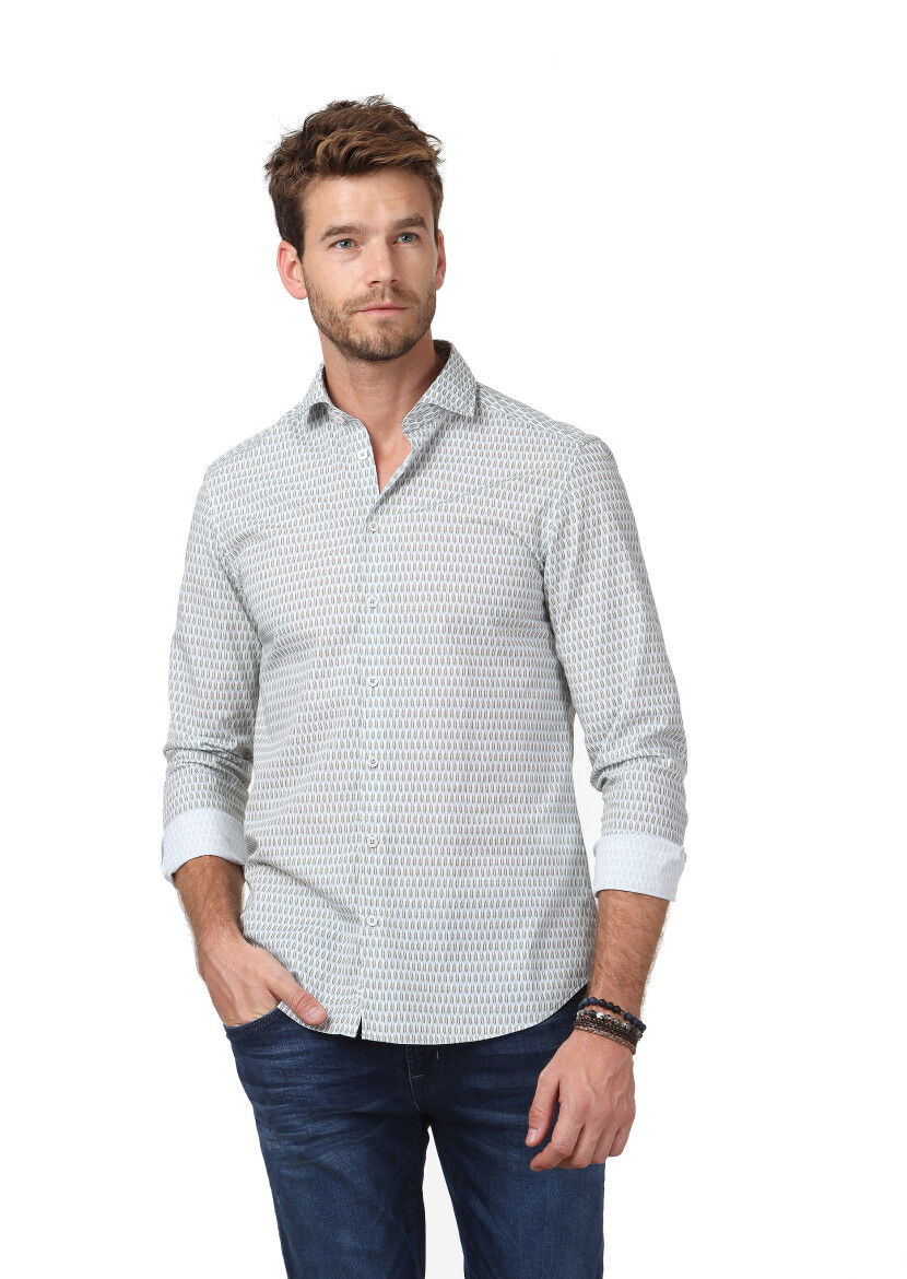 Gri Baskılı Slim Fit Dokuma Casual %100 Pamuk Gömlek - 1