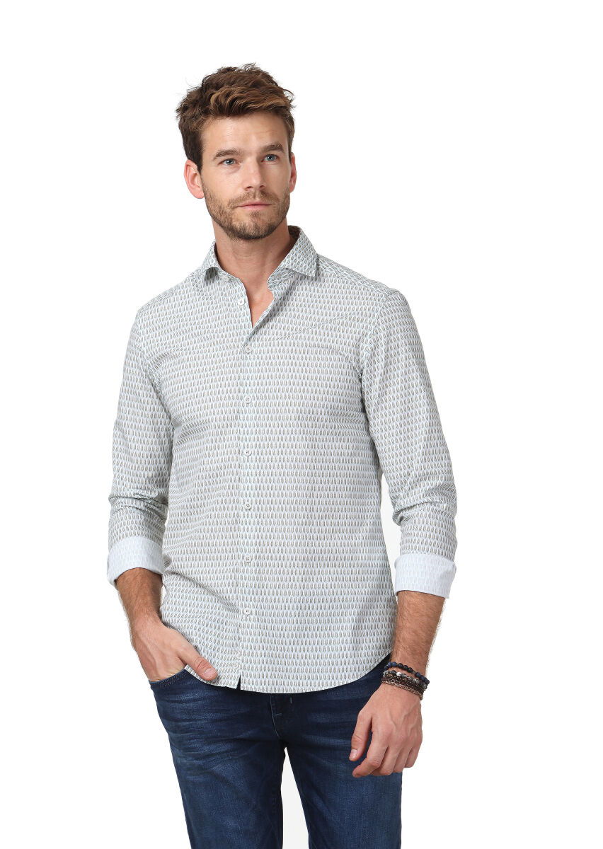 Gri Baskılı Slim Fit Dokuma Casual %100 Pamuk Gömlek - 1