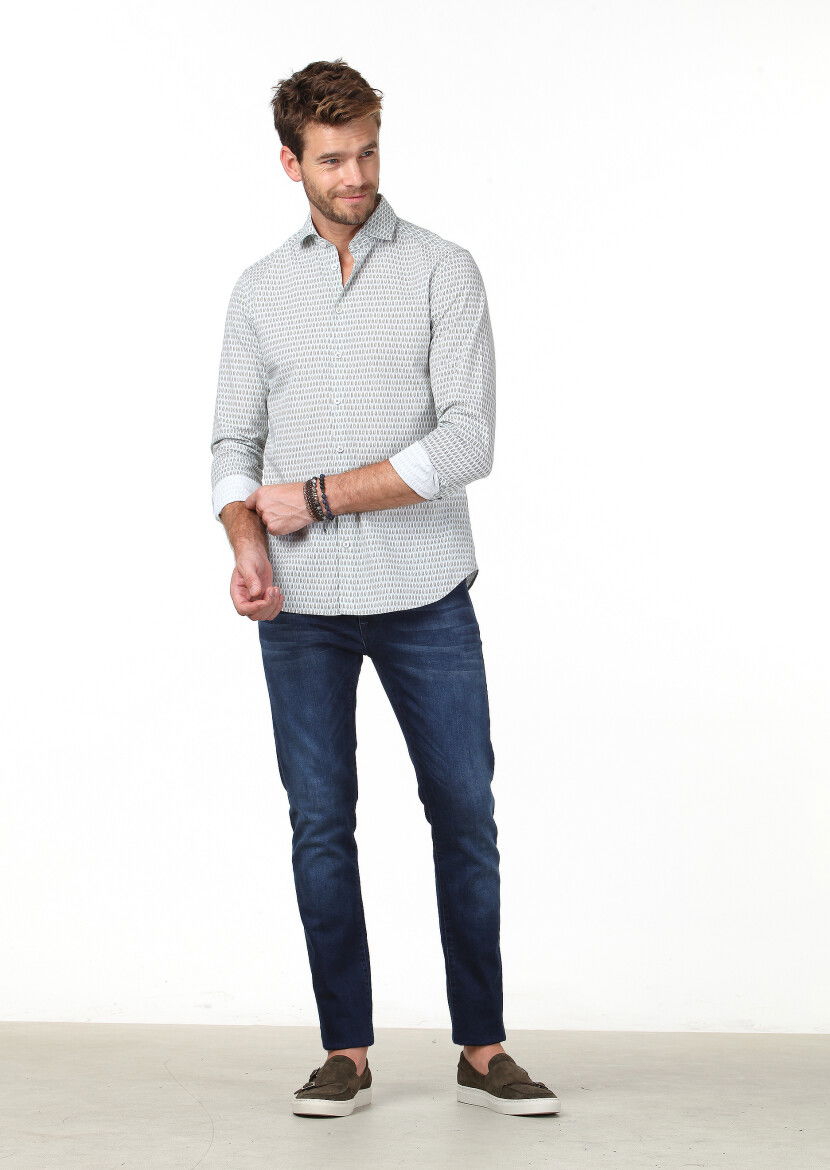 Gri Baskılı Slim Fit Dokuma Casual %100 Pamuk Gömlek - 2