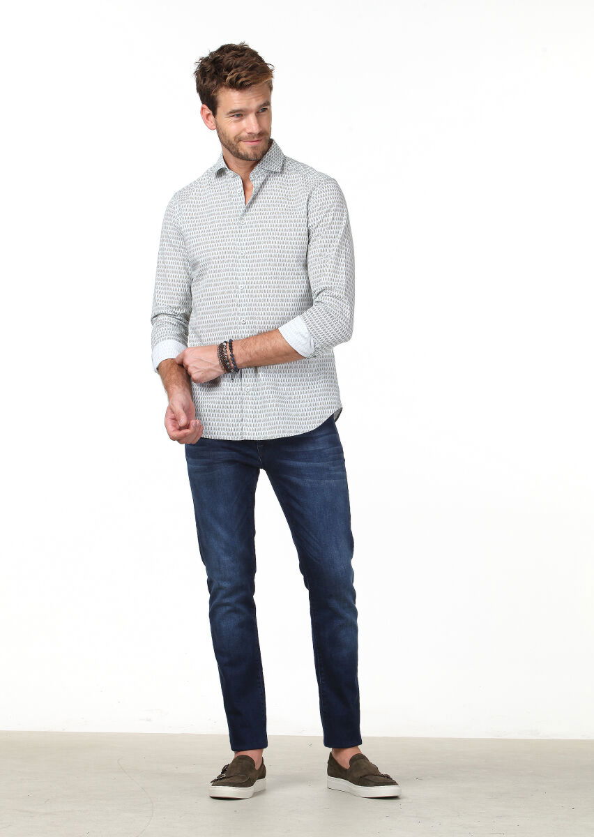Gri Baskılı Slim Fit Dokuma Casual %100 Pamuk Gömlek - 2