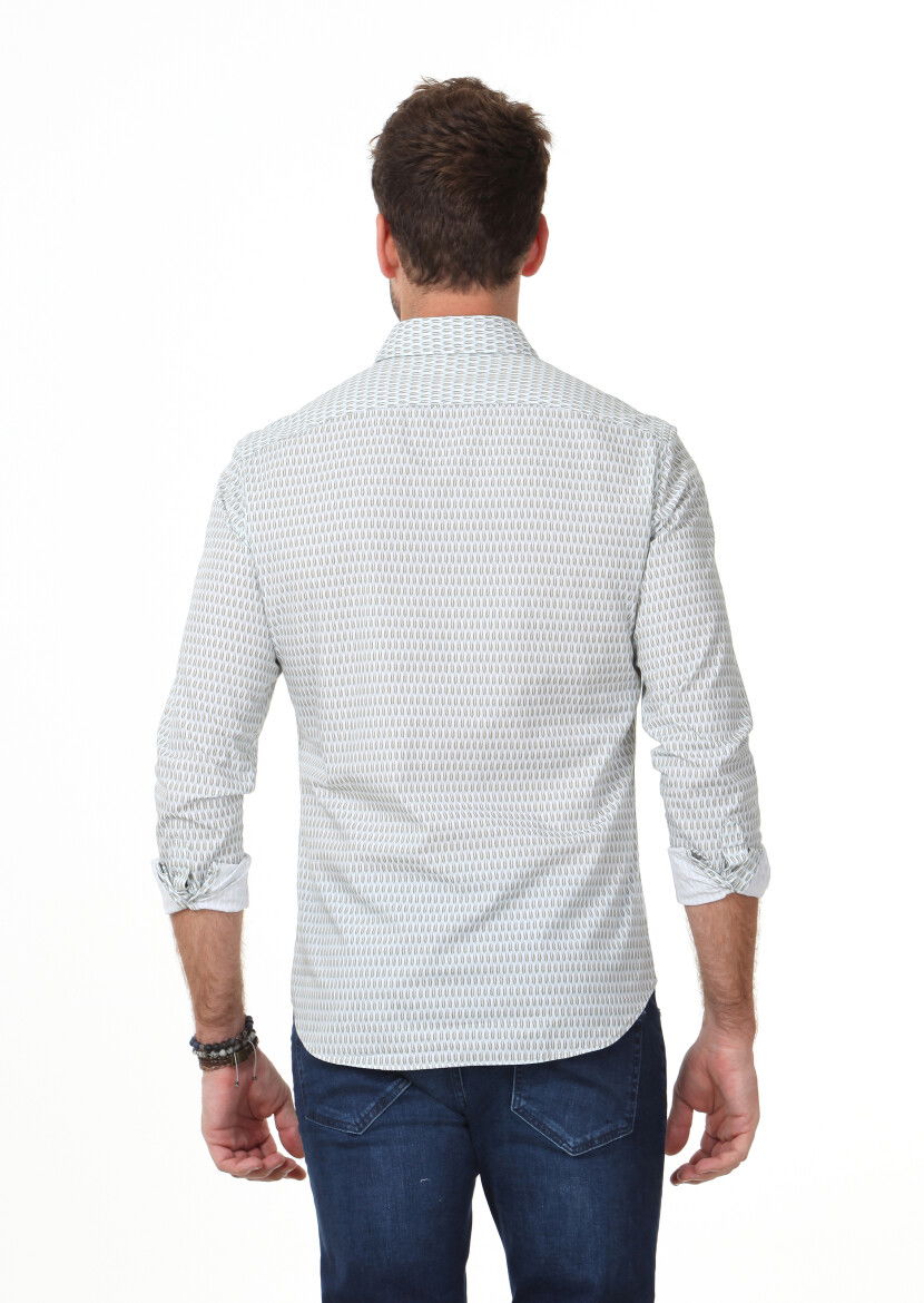 Gri Baskılı Slim Fit Dokuma Casual %100 Pamuk Gömlek - 4