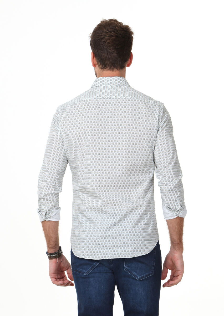 Gri Baskılı Slim Fit Dokuma Casual %100 Pamuk Gömlek - 4