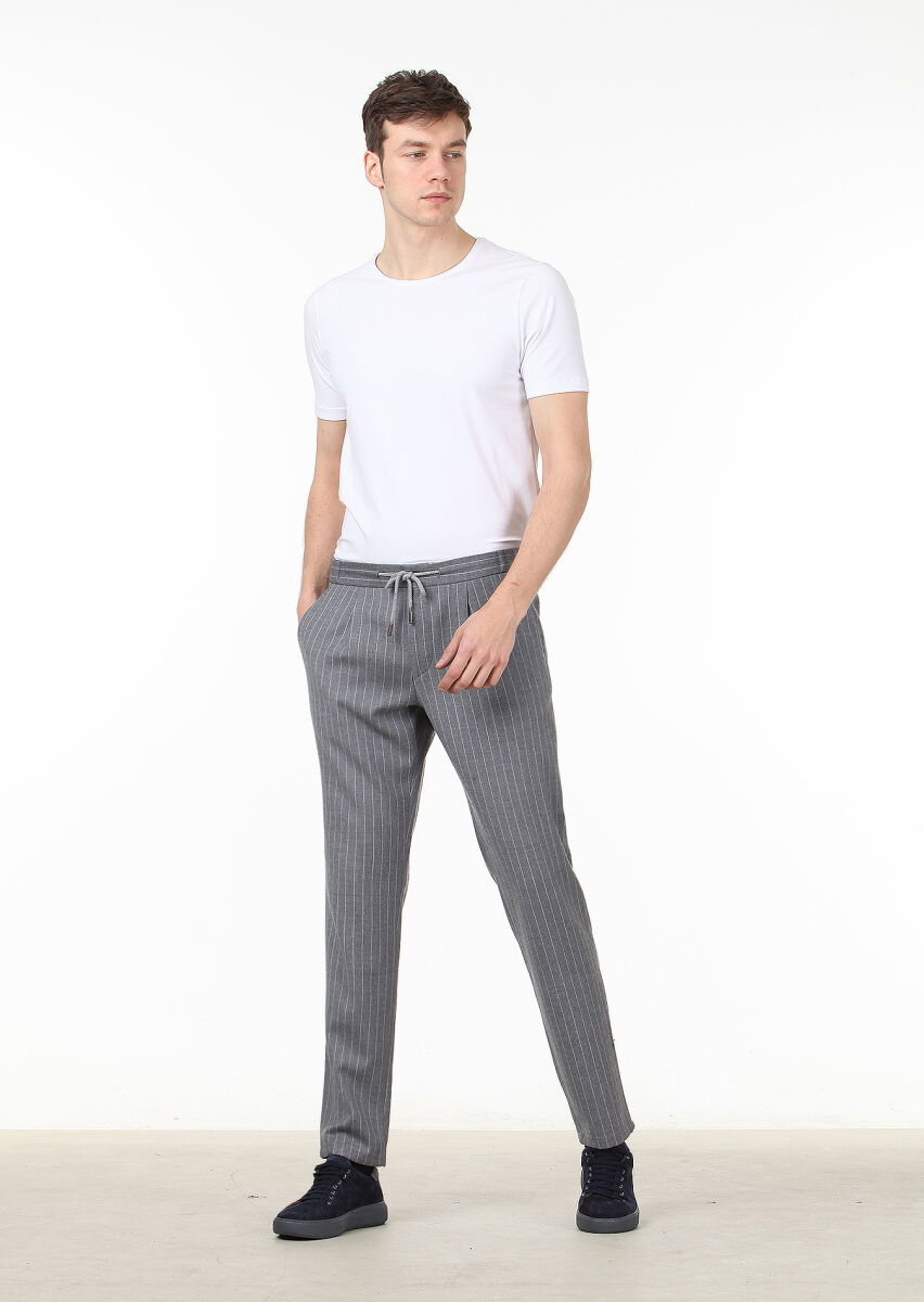 Gri Çizgili Dokuma Jogging Fit Casual Yün Karışımlı Pantolon - 1