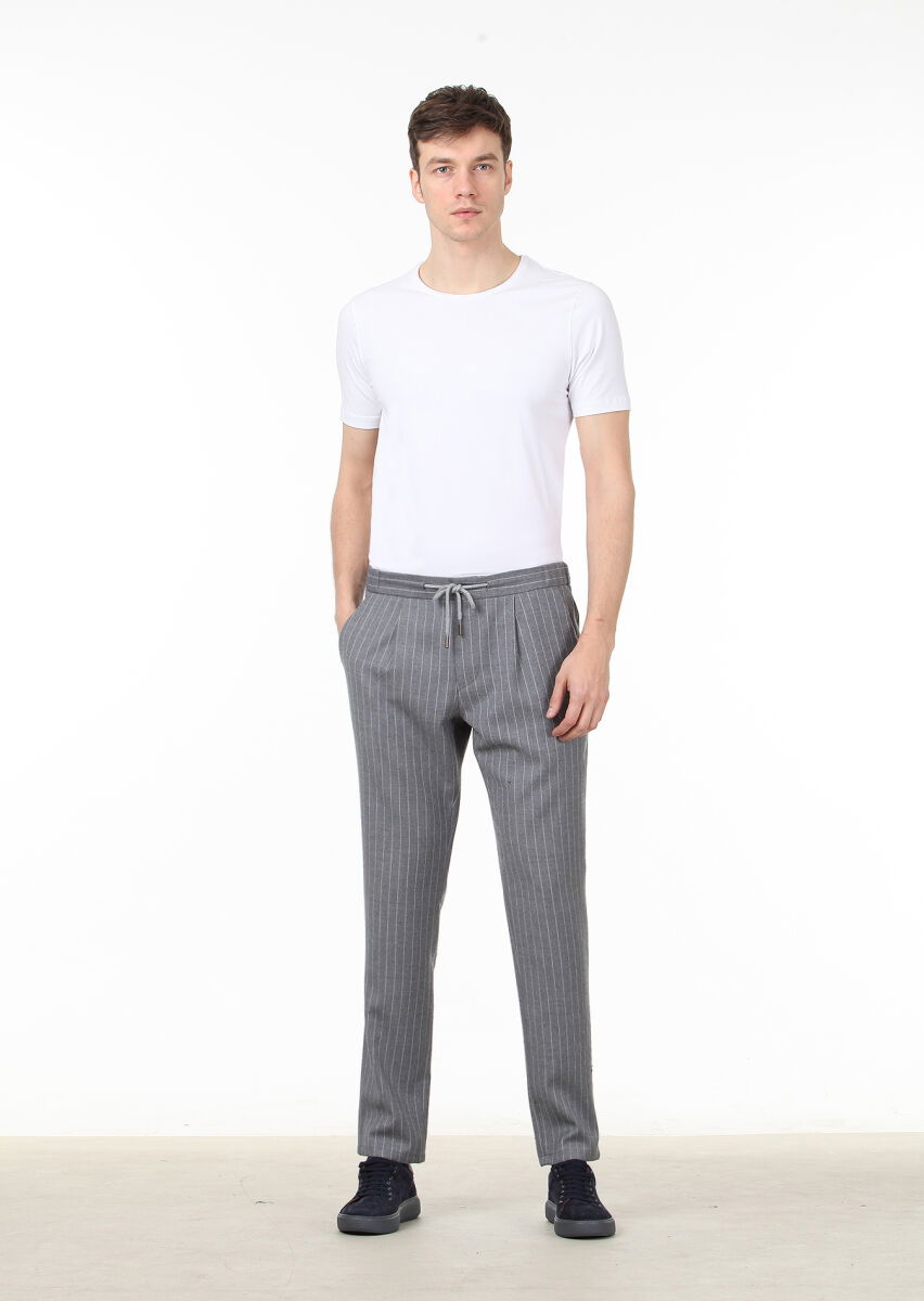 Gri Çizgili Dokuma Jogging Fit Casual Yün Karışımlı Pantolon - 2