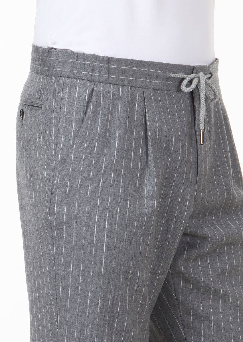 Gri Çizgili Dokuma Jogging Fit Casual Yün Karışımlı Pantolon - 3