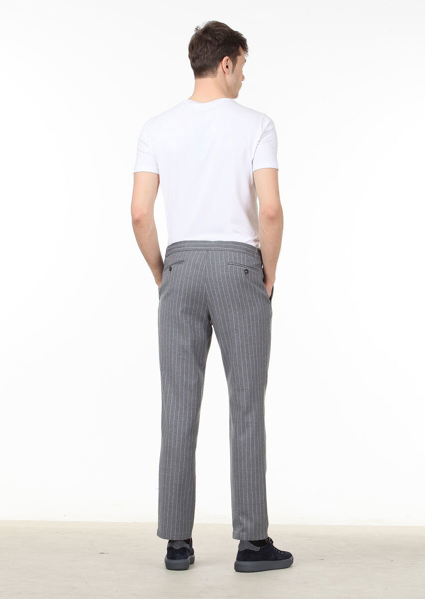 Gri Çizgili Dokuma Jogging Fit Casual Yün Karışımlı Pantolon - 4