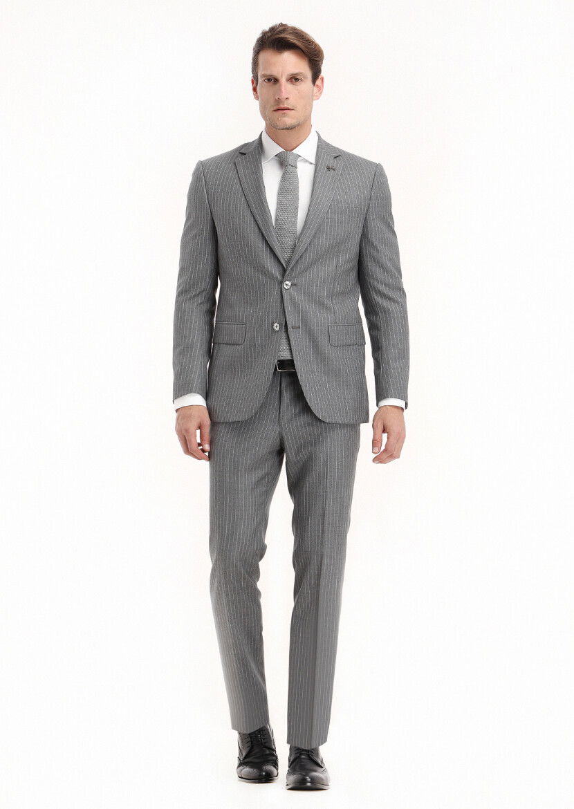 Gri Çizgili Modern Fit %100 Yün Takım Elbise - 1