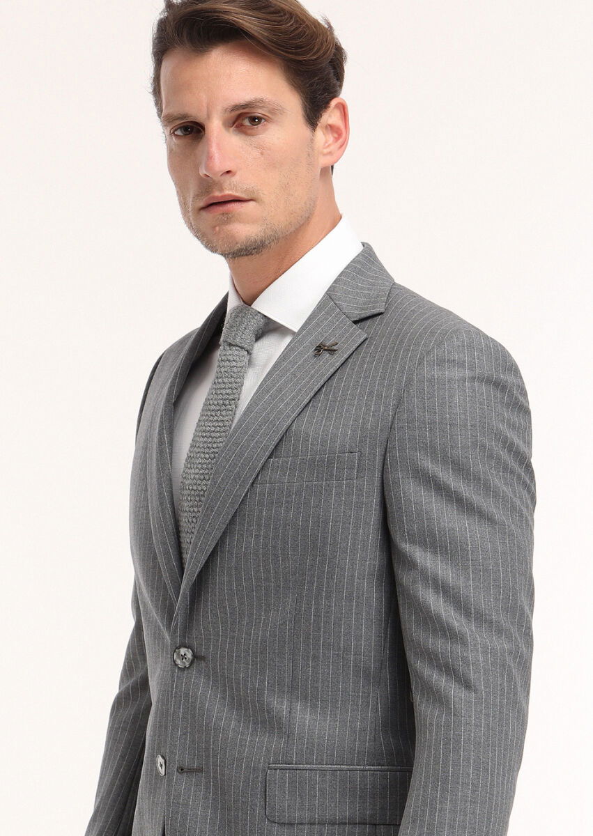 Gri Çizgili Modern Fit %100 Yün Takım Elbise - 2